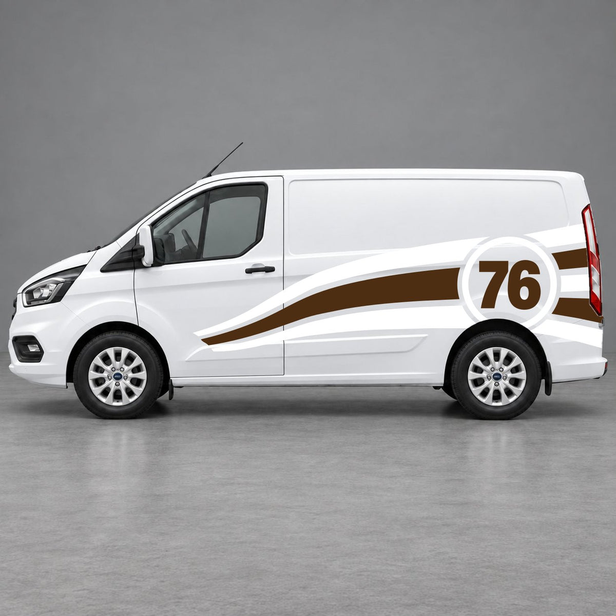 Ford Transit Custom Personalised Number 76 Racing Side Graphics in White & Brown
