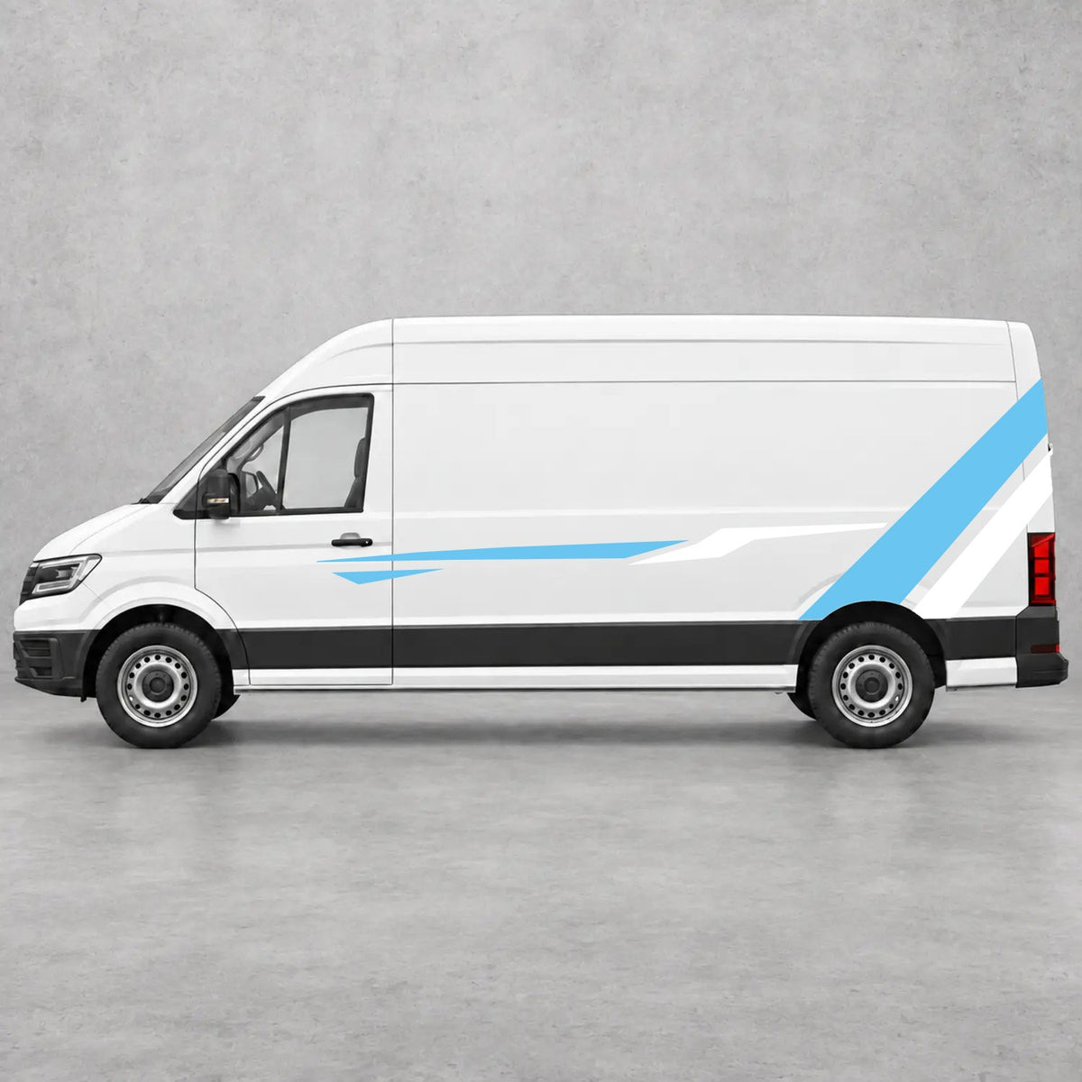 VW Crafter Bold Rear Diagonal Side Stripes in Light Blue & White