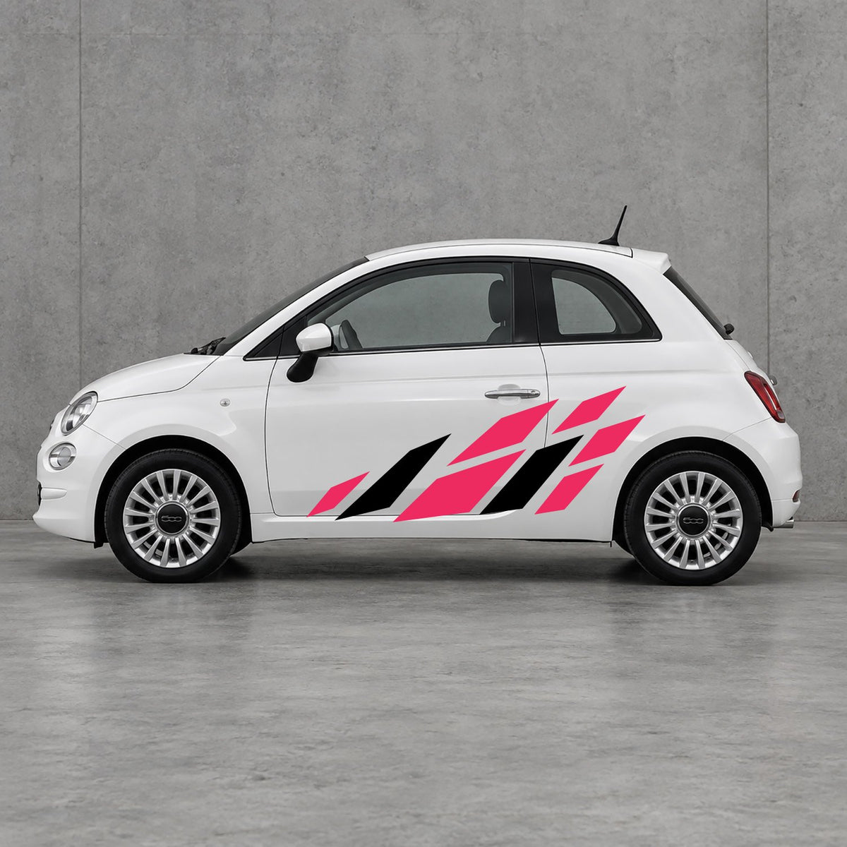 Fiat 500 Racing Flag Side Graphics Kit - Pair Supplied in Pink & Black