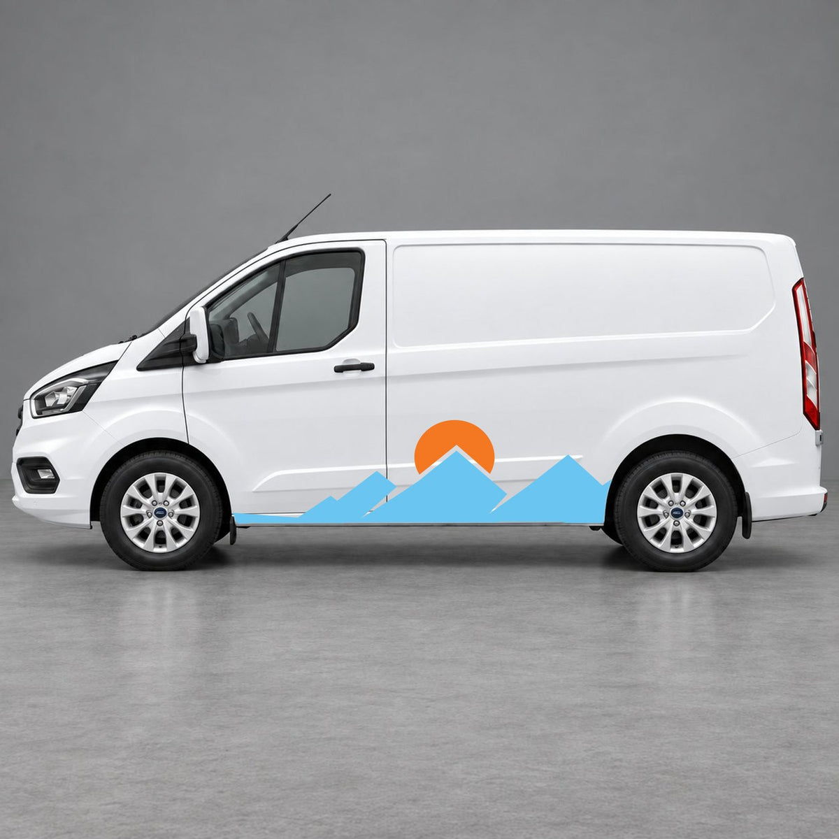 Ford Transit Custom Minimal Mountain Peak Side Graphics in Light Blue & Orange