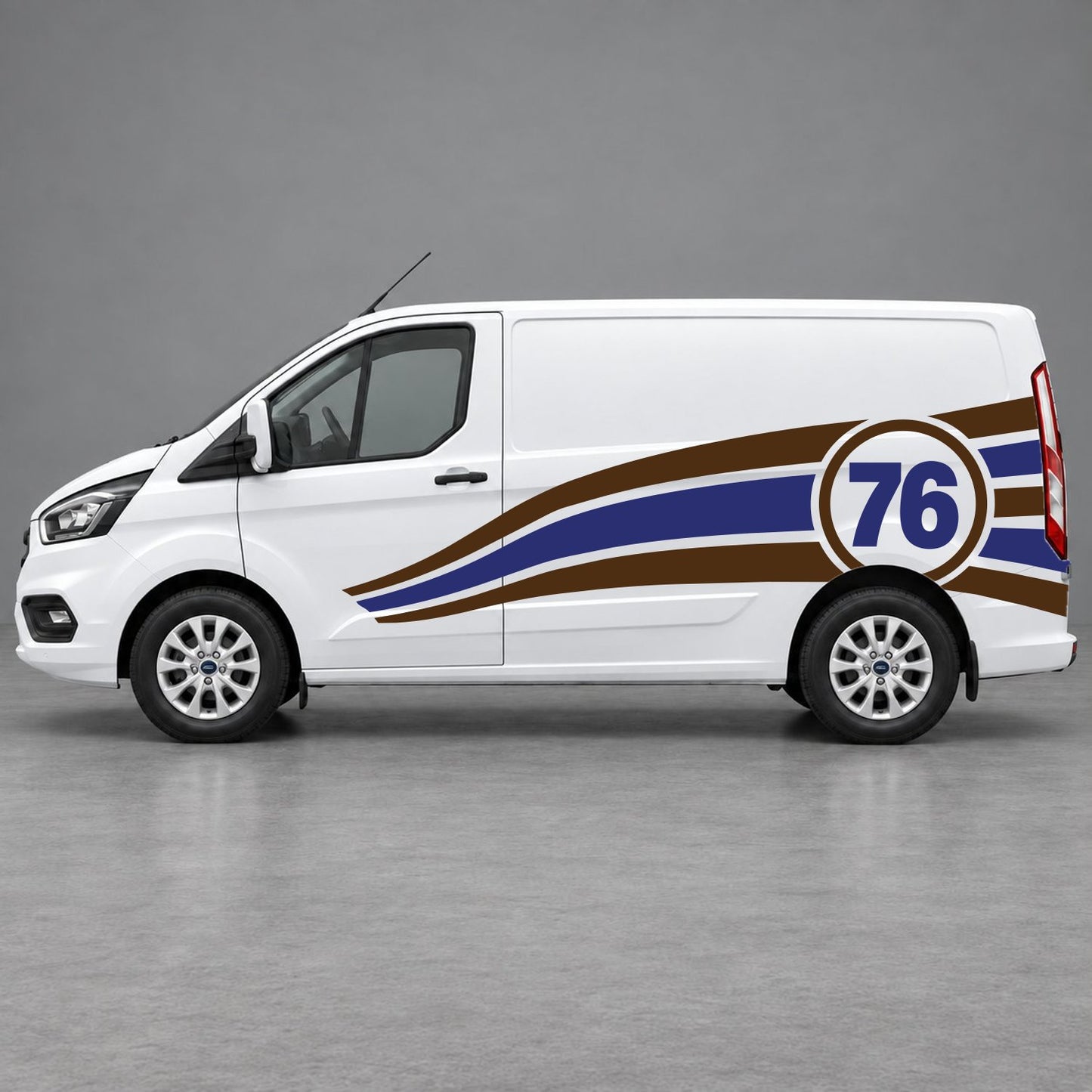 Ford Transit Custom Personalised Number 76 Racing Side Graphics in Brown & Navy Blue