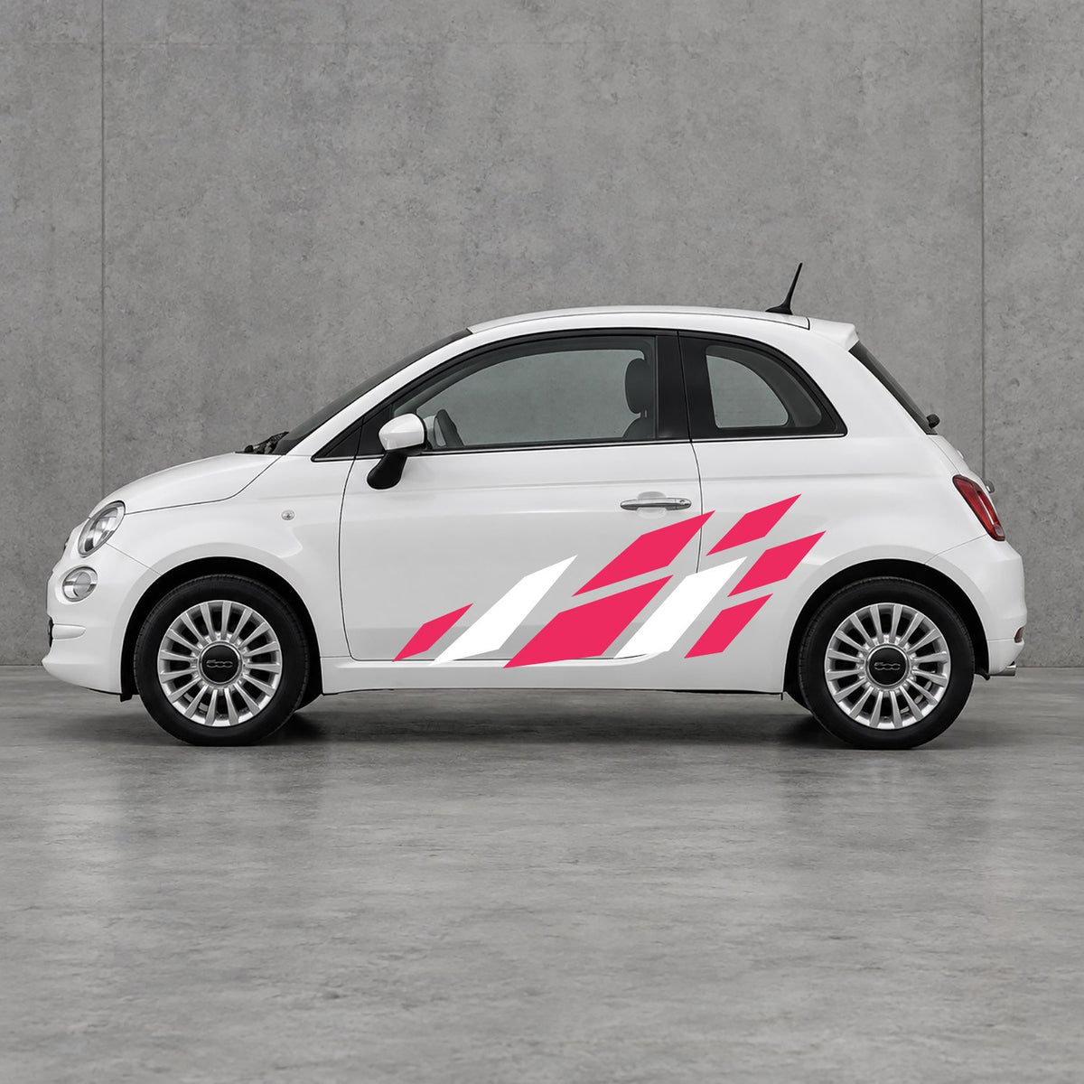 Fiat 500 Racing Flag Side Graphics Kit - Pair Supplied in Pink & White