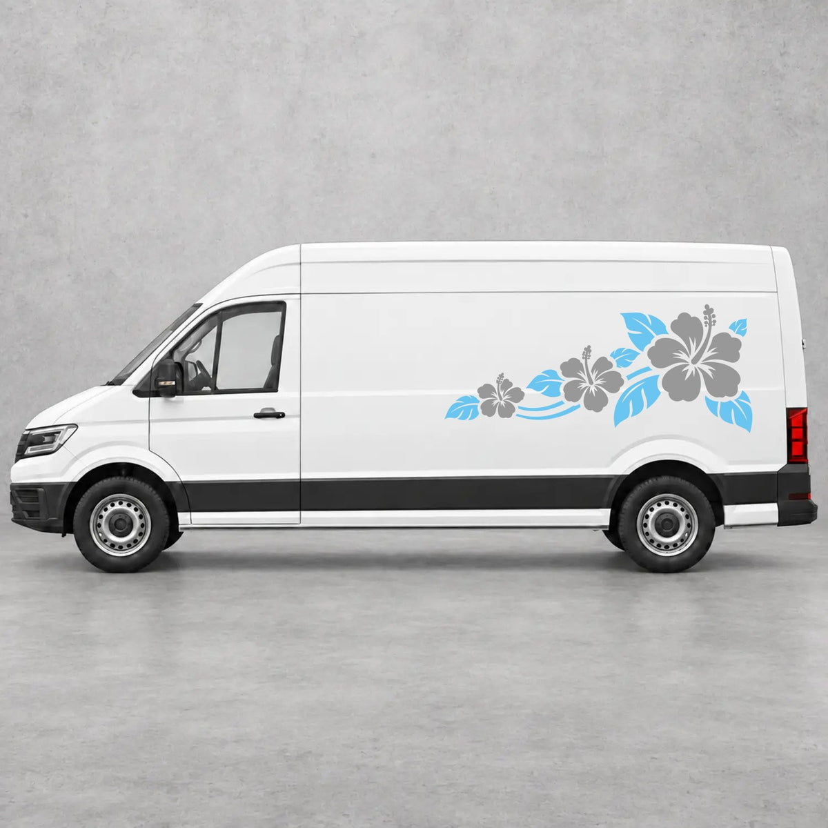 VW Crafter Hibiscus Flower Trail Side Graphics in Light Blue & Grey