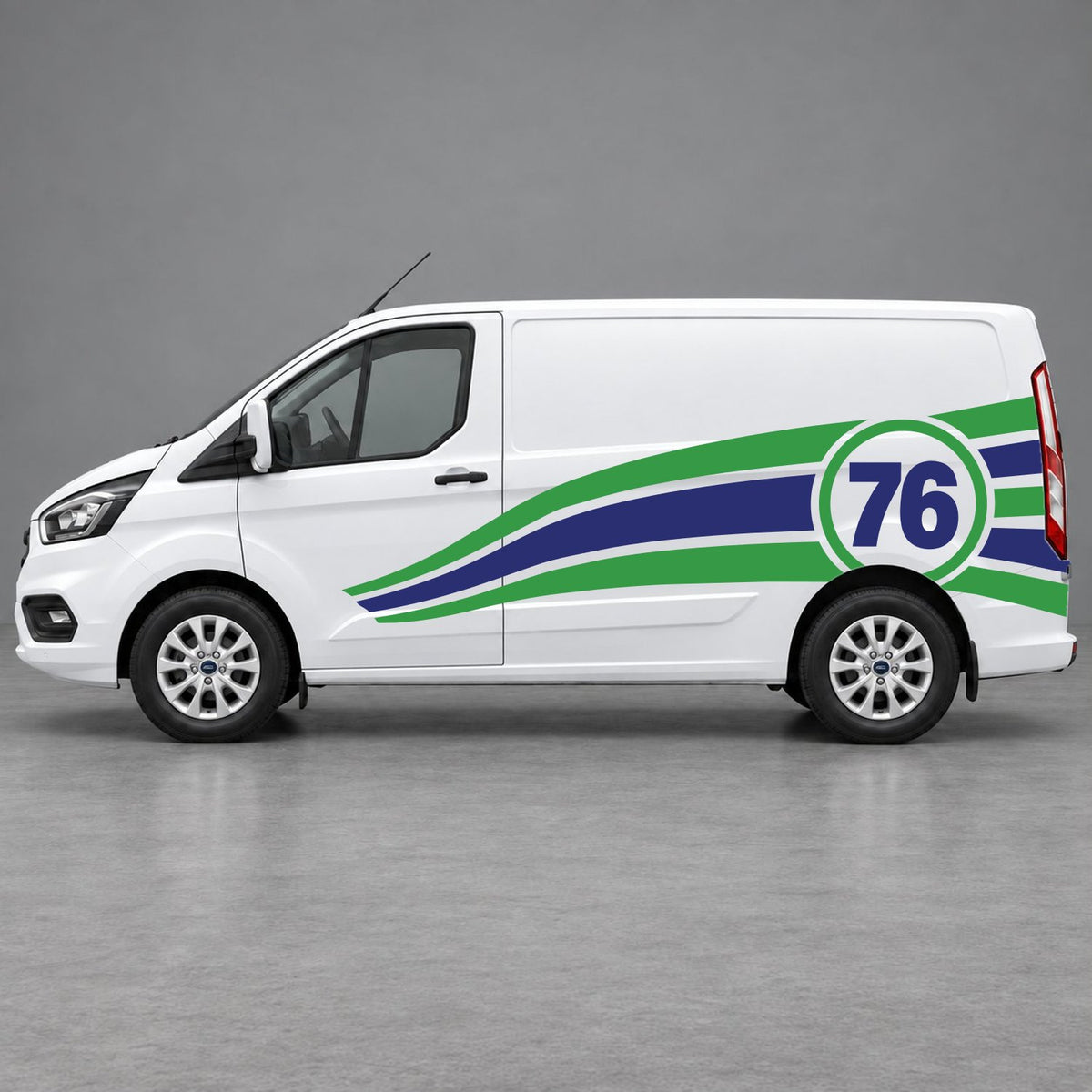 Ford Transit Custom Personalised Number 76 Racing Side Graphics in Green & Navy Blue