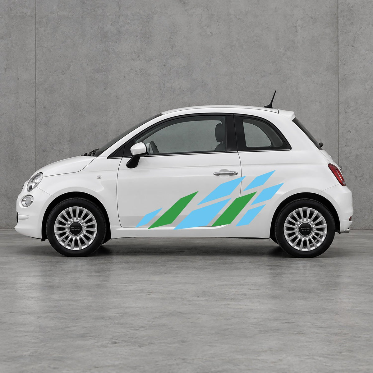 Fiat 500 Racing Flag Side Graphics Kit - Pair Supplied in Light Blue & Green