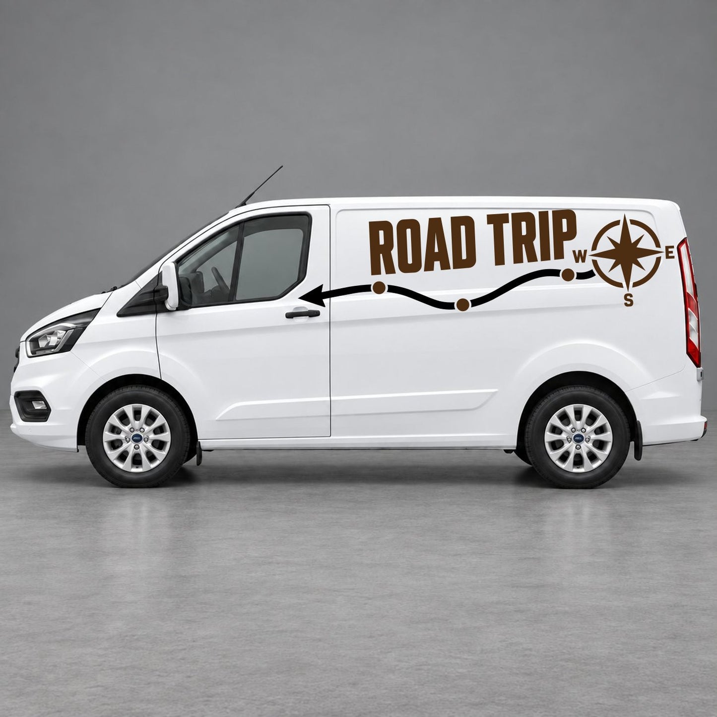 Ford Transit Custom Road Trip Route & Compass Side Graphics in Brown & Black