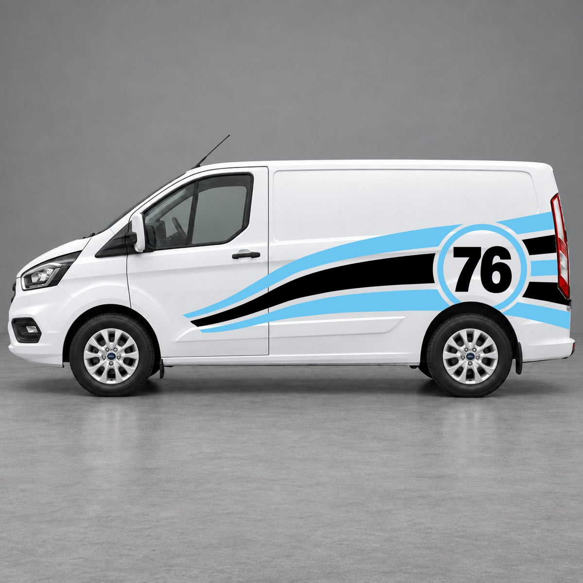 Ford Transit Custom Personalised Number 76 Racing Side Graphics in Light Blue & Black