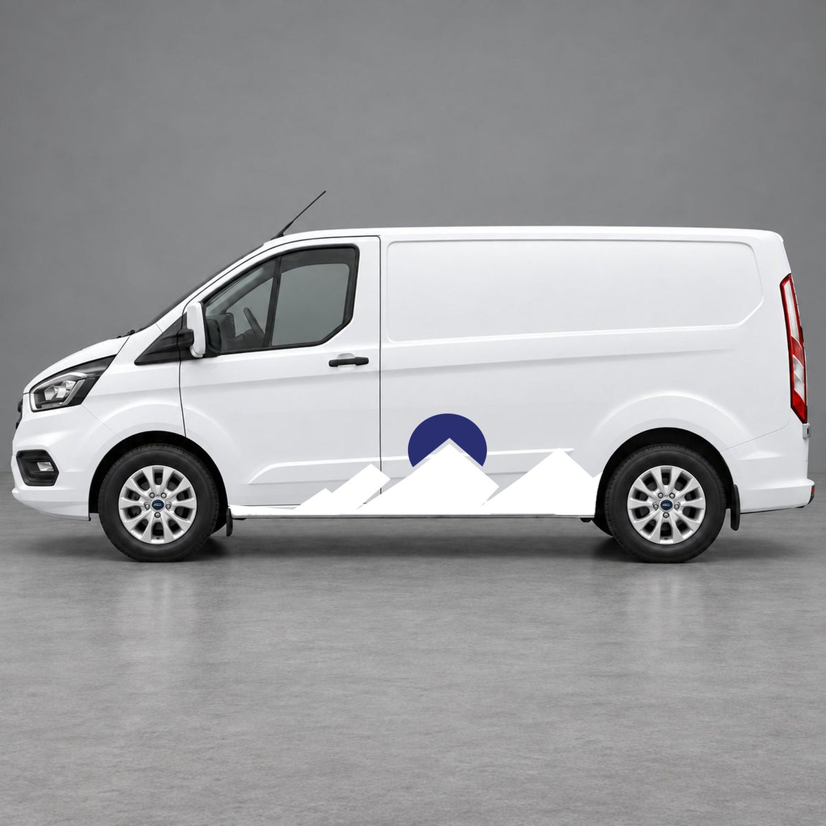 Ford Transit Custom Minimal Mountain Peak Side Graphics in White & Navy Blue