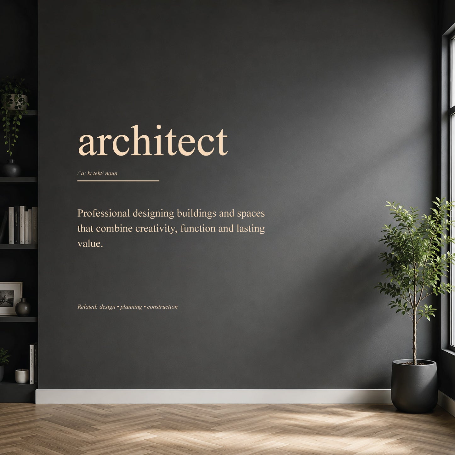 White architect definition wall sticker on a dark modern wall.