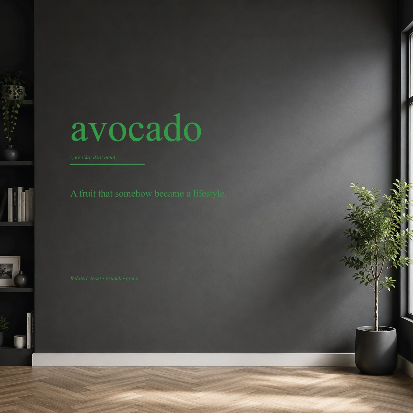 White avocado dictionary definition wall sticker on a modern kitchen wall.