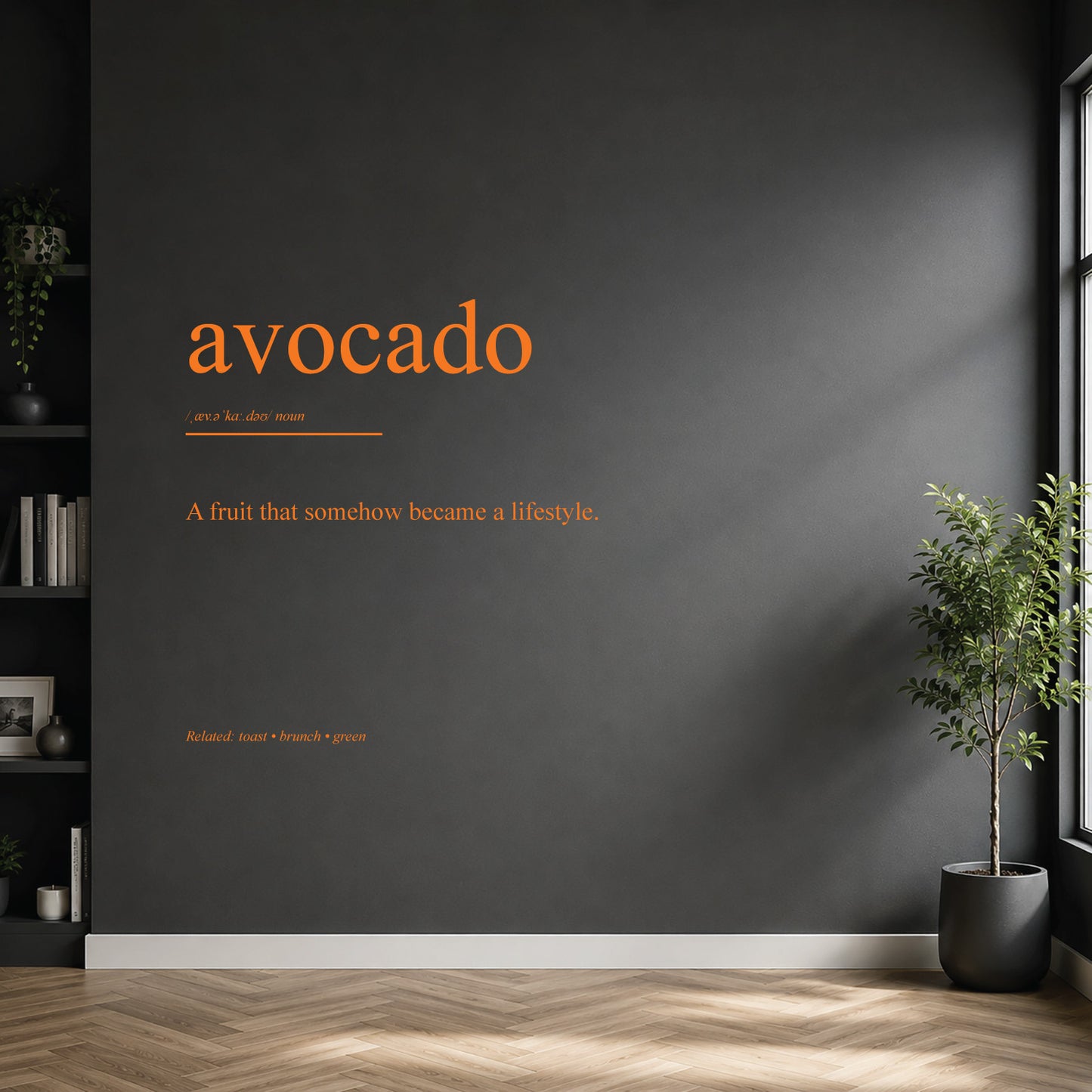 White avocado dictionary definition wall sticker on a modern kitchen wall.