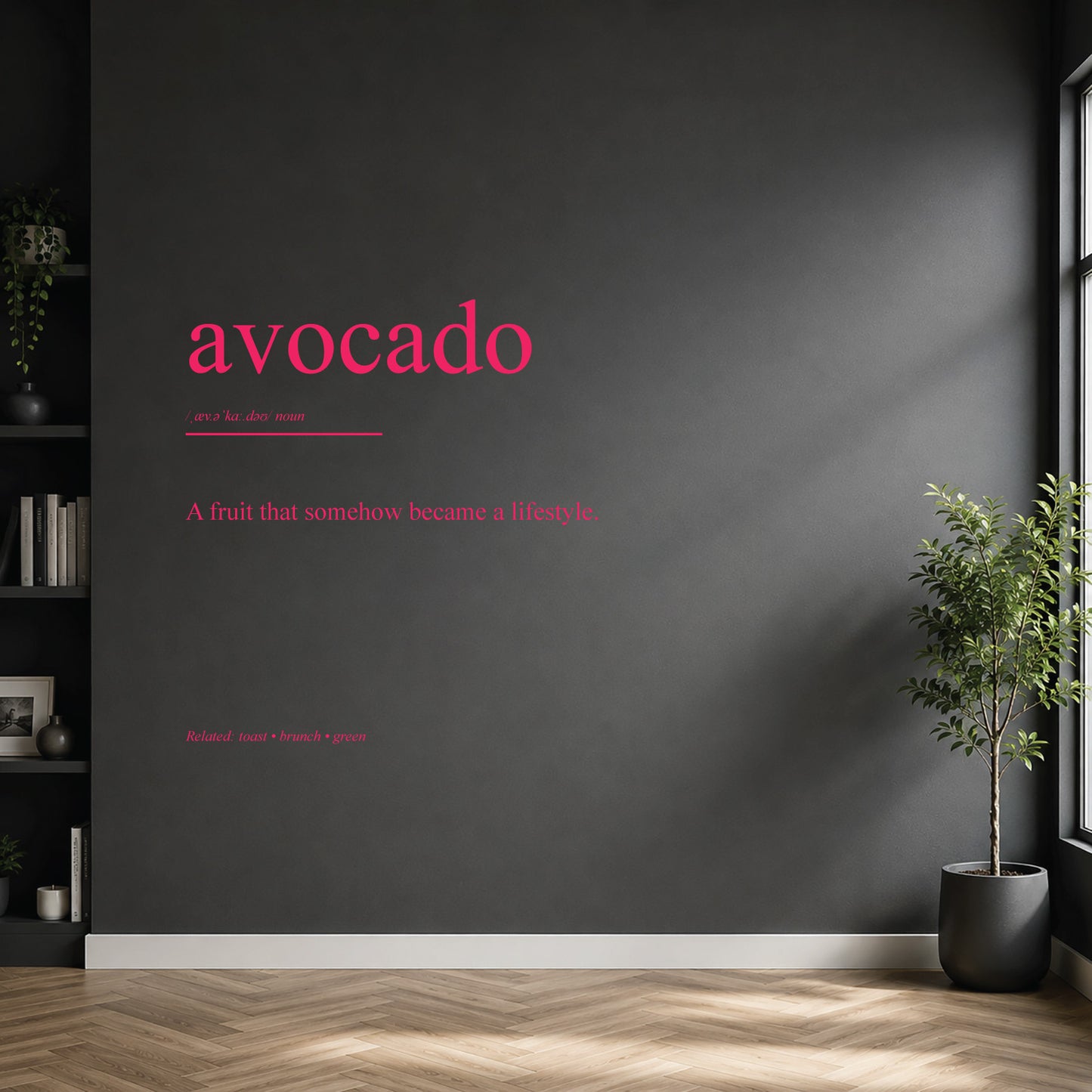 White avocado dictionary definition wall sticker on a modern kitchen wall.