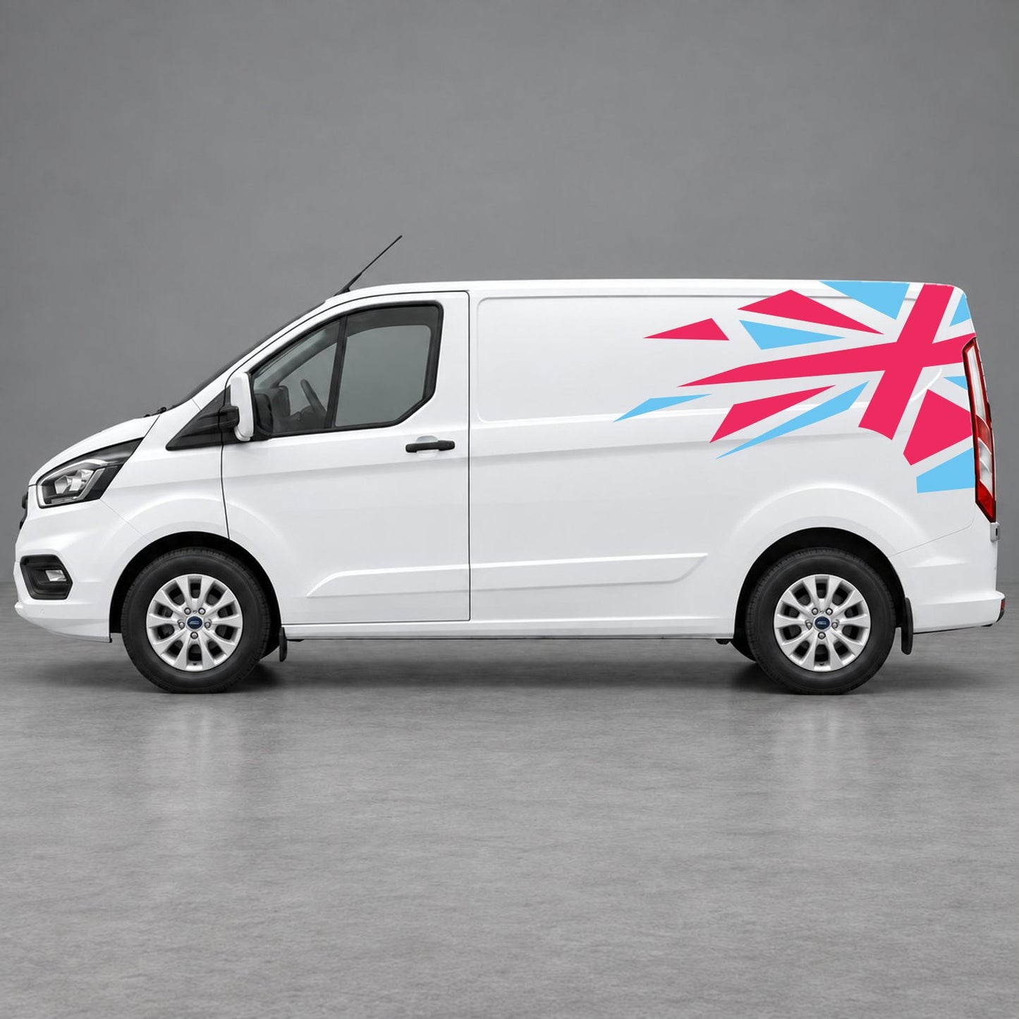 Ford Transit Custom Shattered Union Jack Side Graphics in Light Blue & Pink