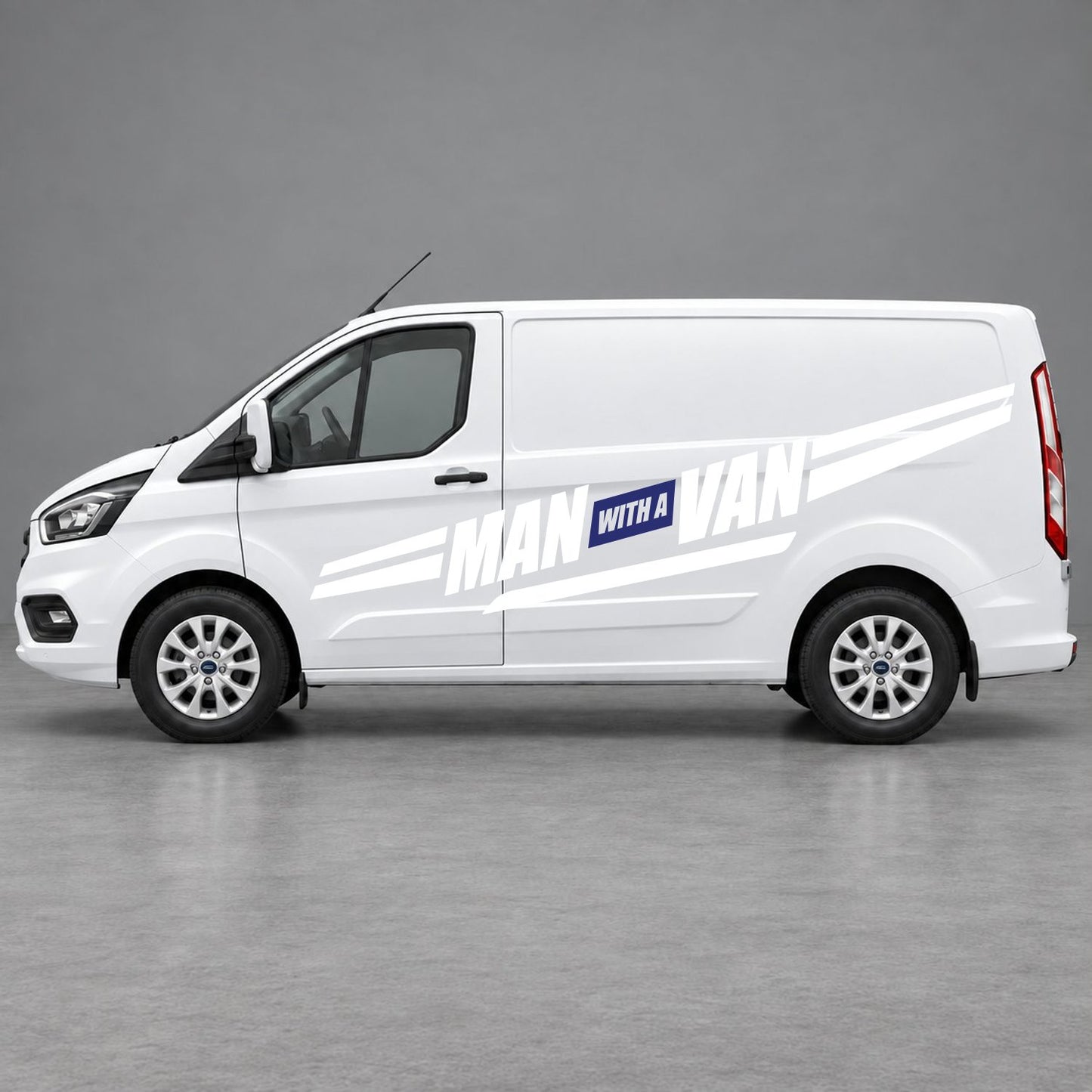 Ford Transit Custom Man with a Van Side Stripes in White & Navy Blue