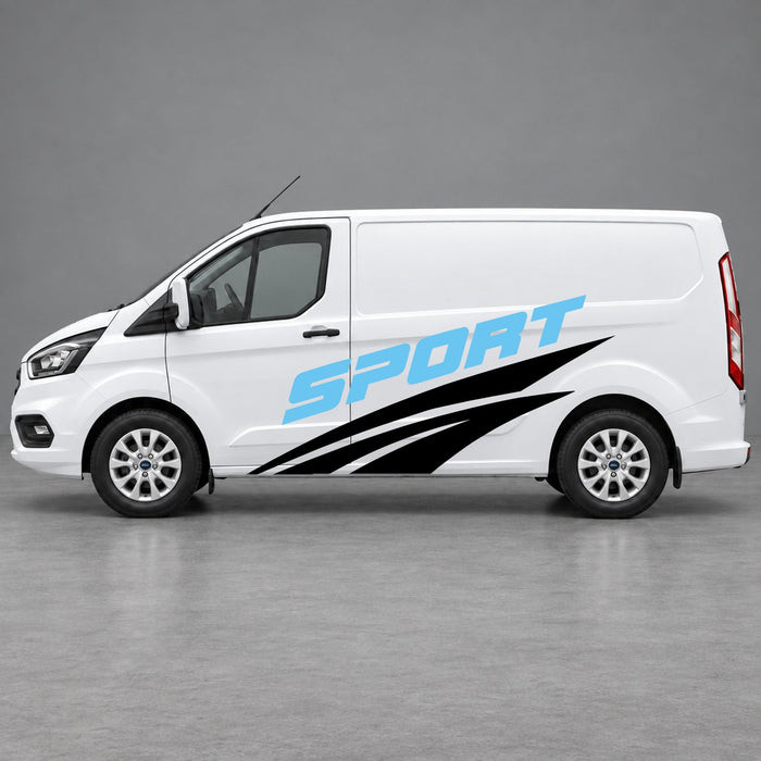 Ford Transit Custom Sport Twin Stripe Side Graphics in Black & Light Blue