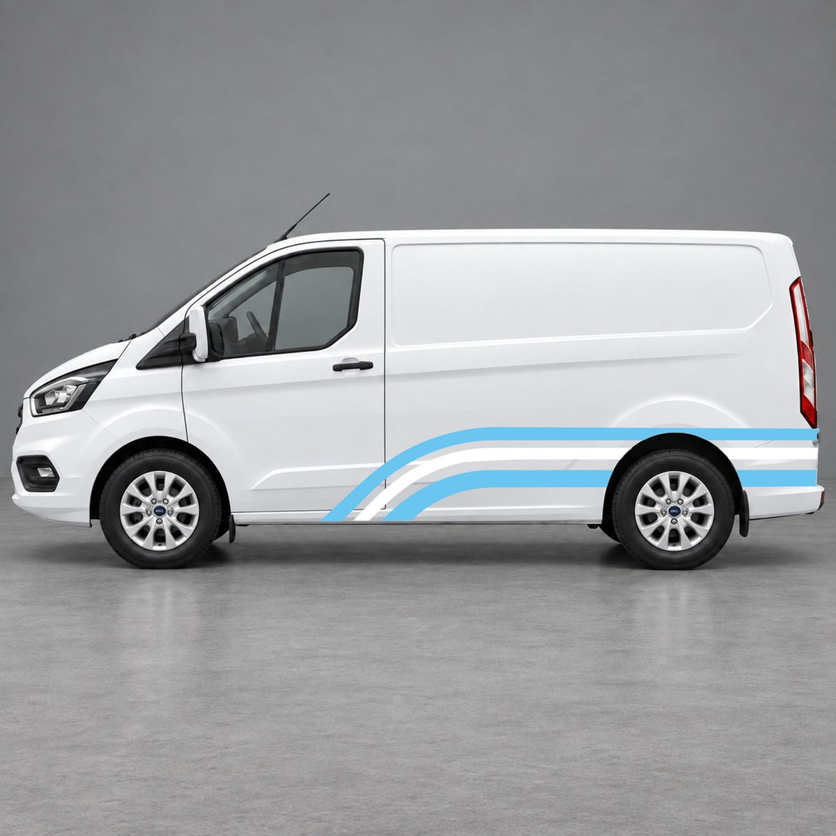 Ford Transit Custom Retro Triple-Arch Side Stripes in Light Blue & White