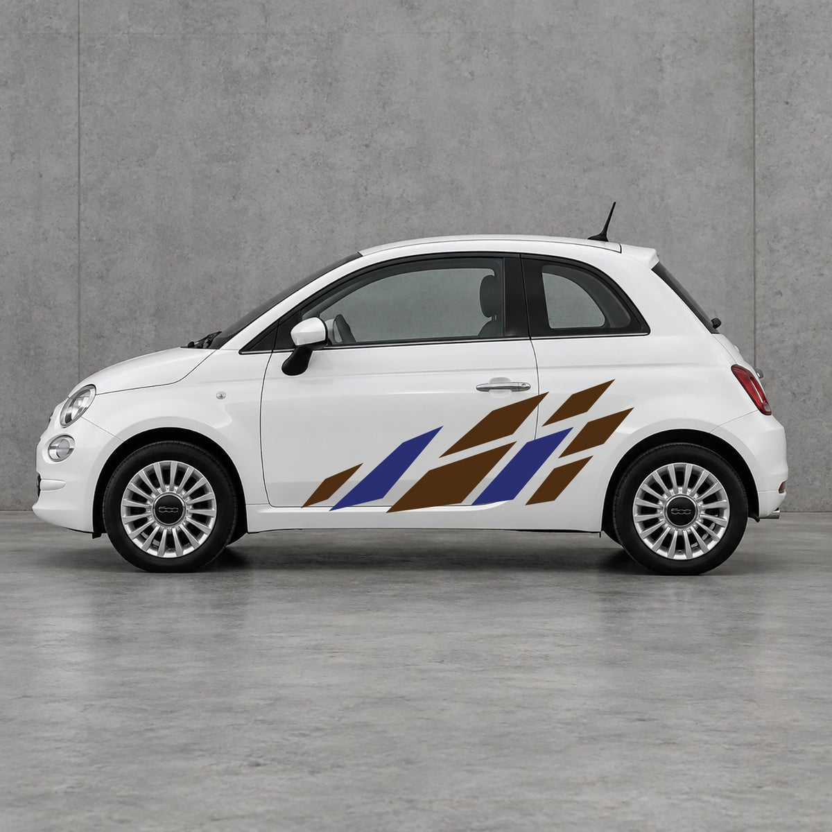 Fiat 500 Racing Flag Side Graphics Kit - Pair Supplied in Brown & Navy Blue