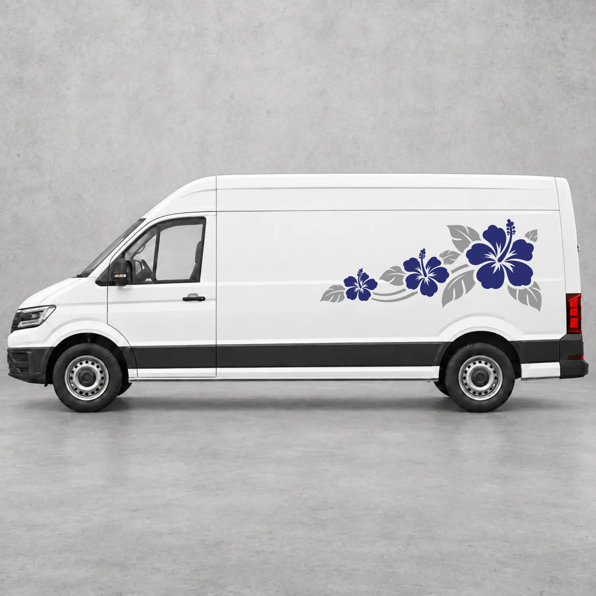 VW Crafter Hibiscus Flower Trail Side Graphics in Grey & Navy Blue