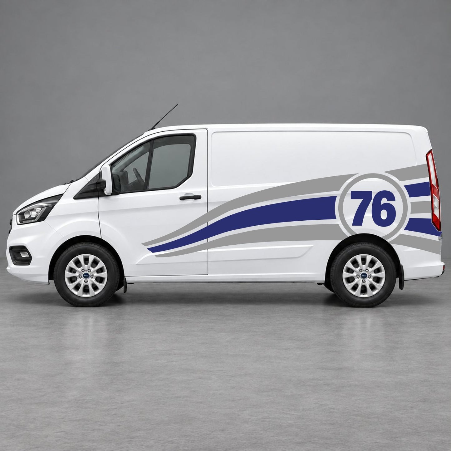 Ford Transit Custom Personalised Number 76 Racing Side Graphics in Grey & Navy Blue