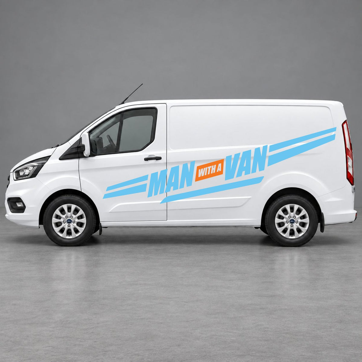 Ford Transit Custom Man with a Van Side Stripes in Light Blue & Orange