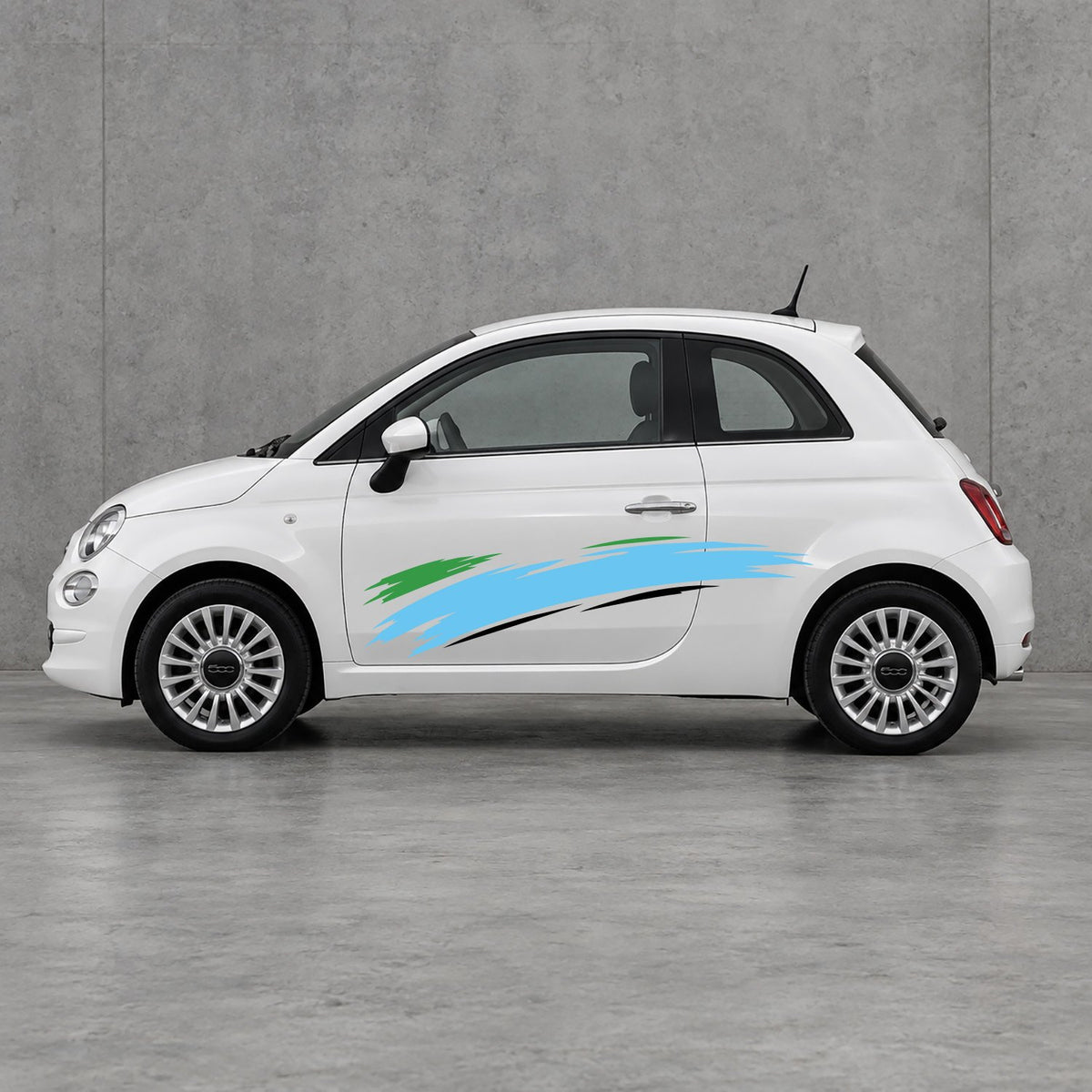 Fiat 500 Italian Green Brush Side Graphics Kit - Pair Supplied in Light Blue & Black