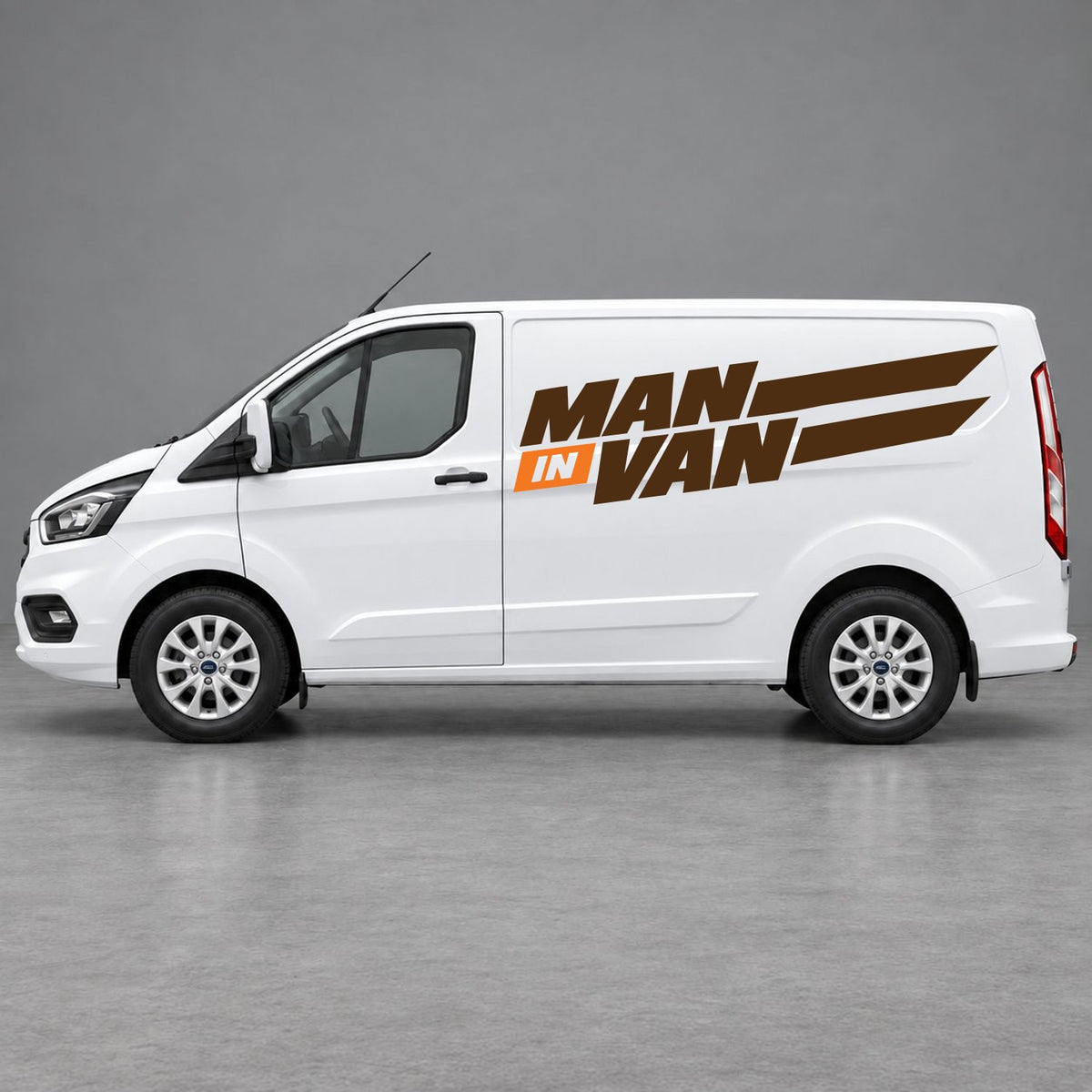 Ford Transit Custom Man in Van Side Stripes in Brown & Orange