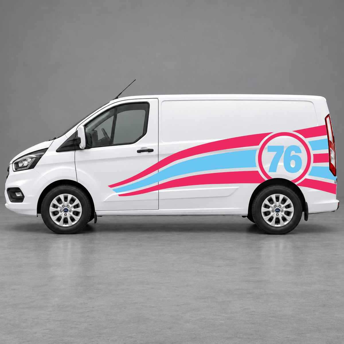 Ford Transit Custom Personalised Number 76 Racing Side Graphics in Pink & Light Blue