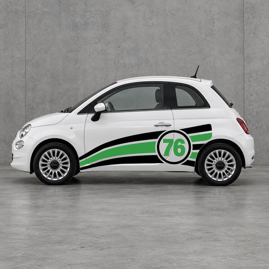 Fiat 500 Number 76 Racing Side Stripes Kit - Pair Supplied in Black & Green