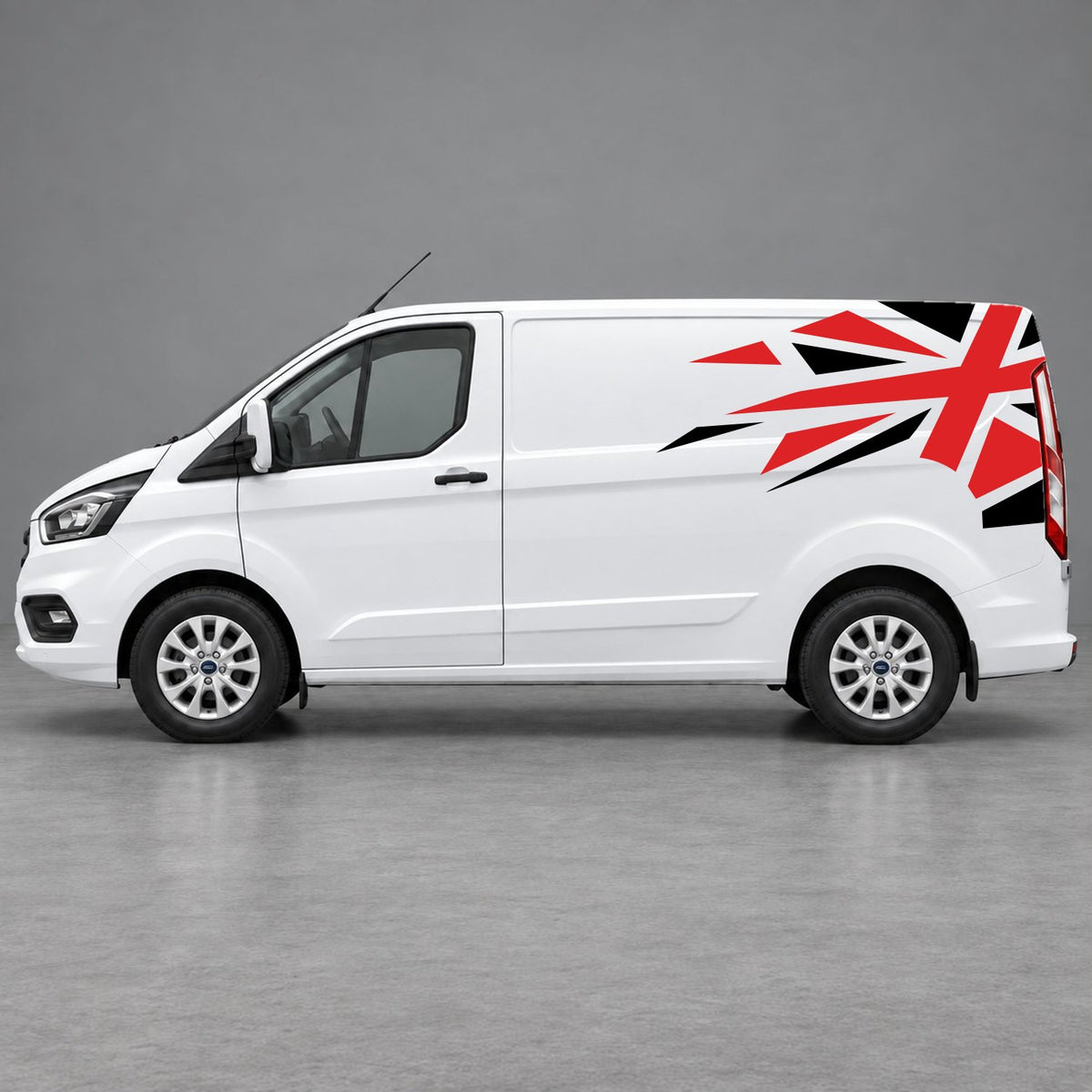 Ford Transit Custom Shattered Union Jack Side Graphics in Black & Red