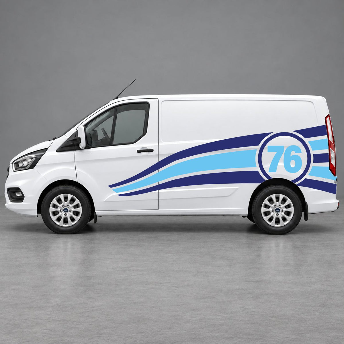 Ford Transit Custom Personalised Number 76 Racing Side Graphics in Navy Blue & Light Blue