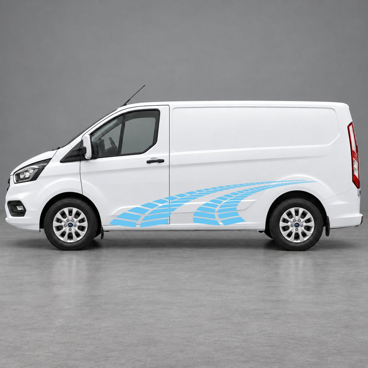 Ford Transit Custom Curved Tyre Track Side Graphics in Light Blue