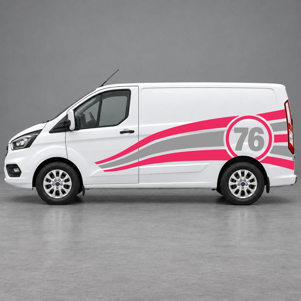 Ford Transit Custom Personalised Number 76 Racing Side Graphics in Pink & Grey