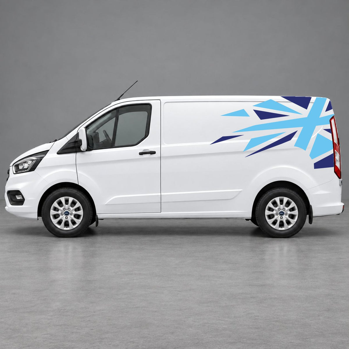 Ford Transit Custom Shattered Union Jack Side Graphics in Navy Blue & Light Blue