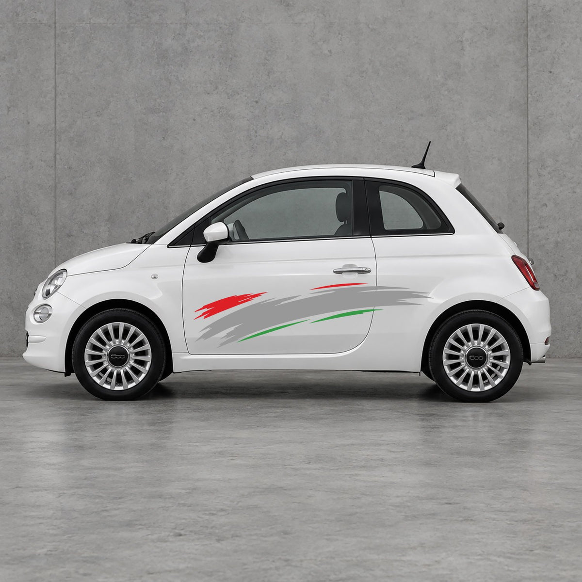 Fiat 500 Italian Red Brush Side Graphics Kit - Pair Supplied in Green & Grey