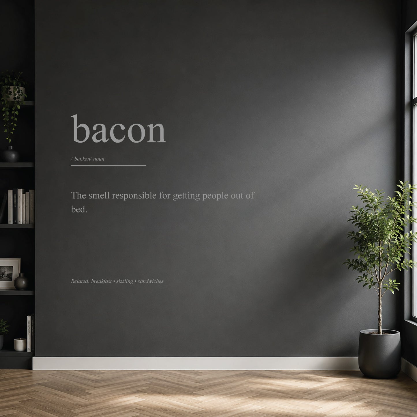 White bacon dictionary definition wall sticker on a modern kitchen wall.
