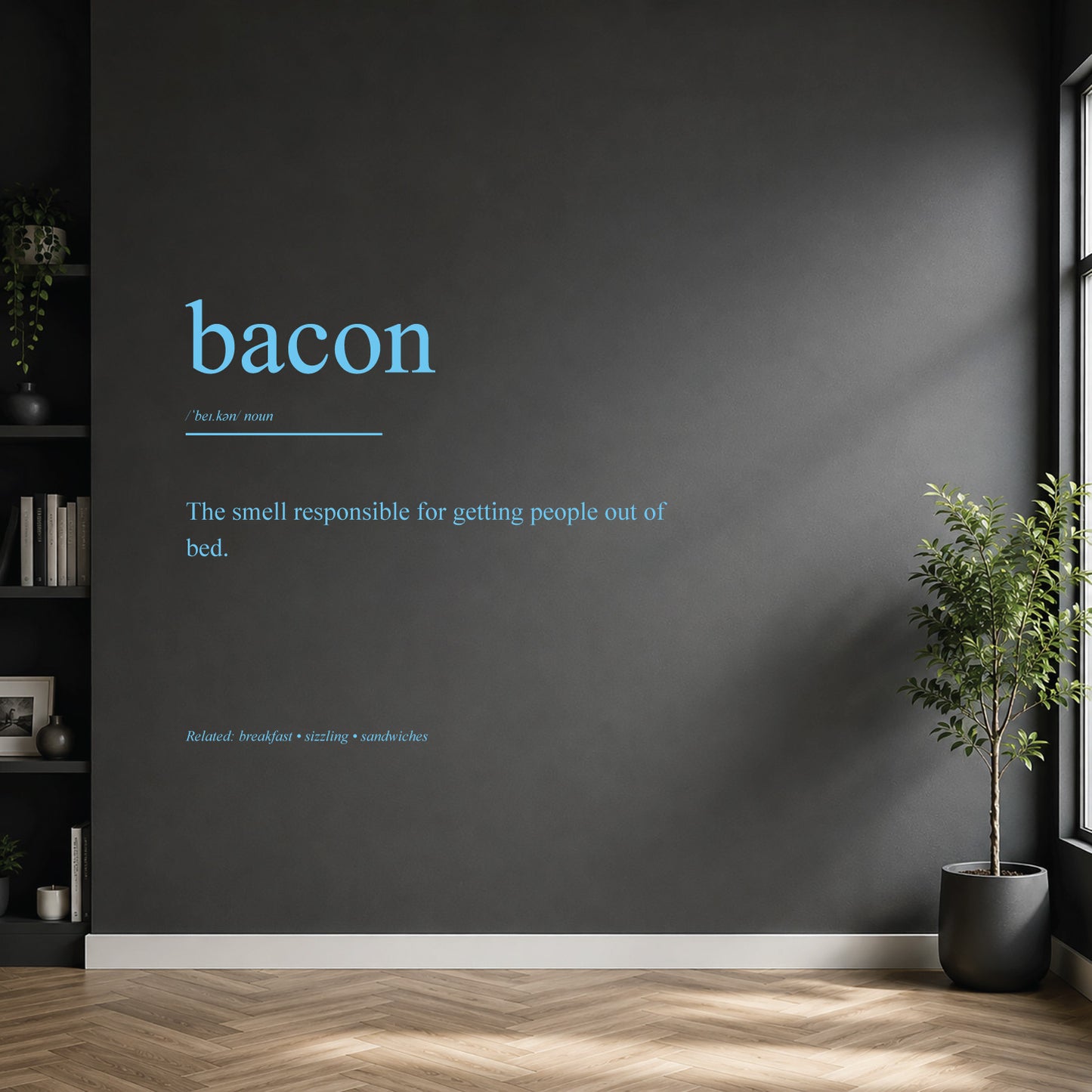 White bacon dictionary definition wall sticker on a modern kitchen wall.