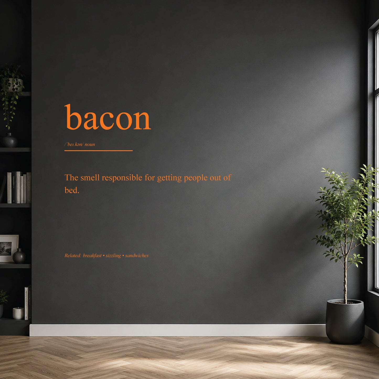 White bacon dictionary definition wall sticker on a modern kitchen wall.