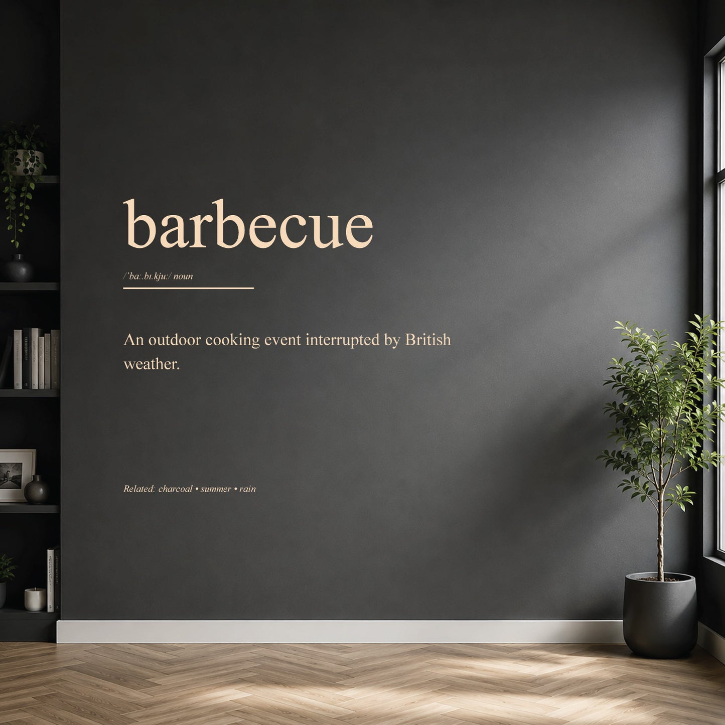 White barbecue dictionary definition wall sticker on a modern kitchen wall.
