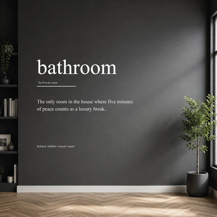 White bathroom definition wall sticker on a dark modern wall.