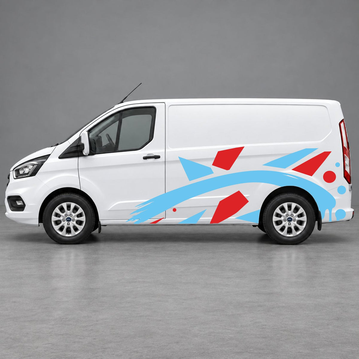 Ford Transit Custom Abstract Geometric Splash Side Graphics in Red & Light Blue