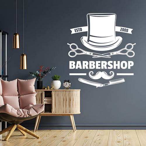 Bespoke Barbershop Wall Sticker – Est. Year Top Hat Scissors & Razor