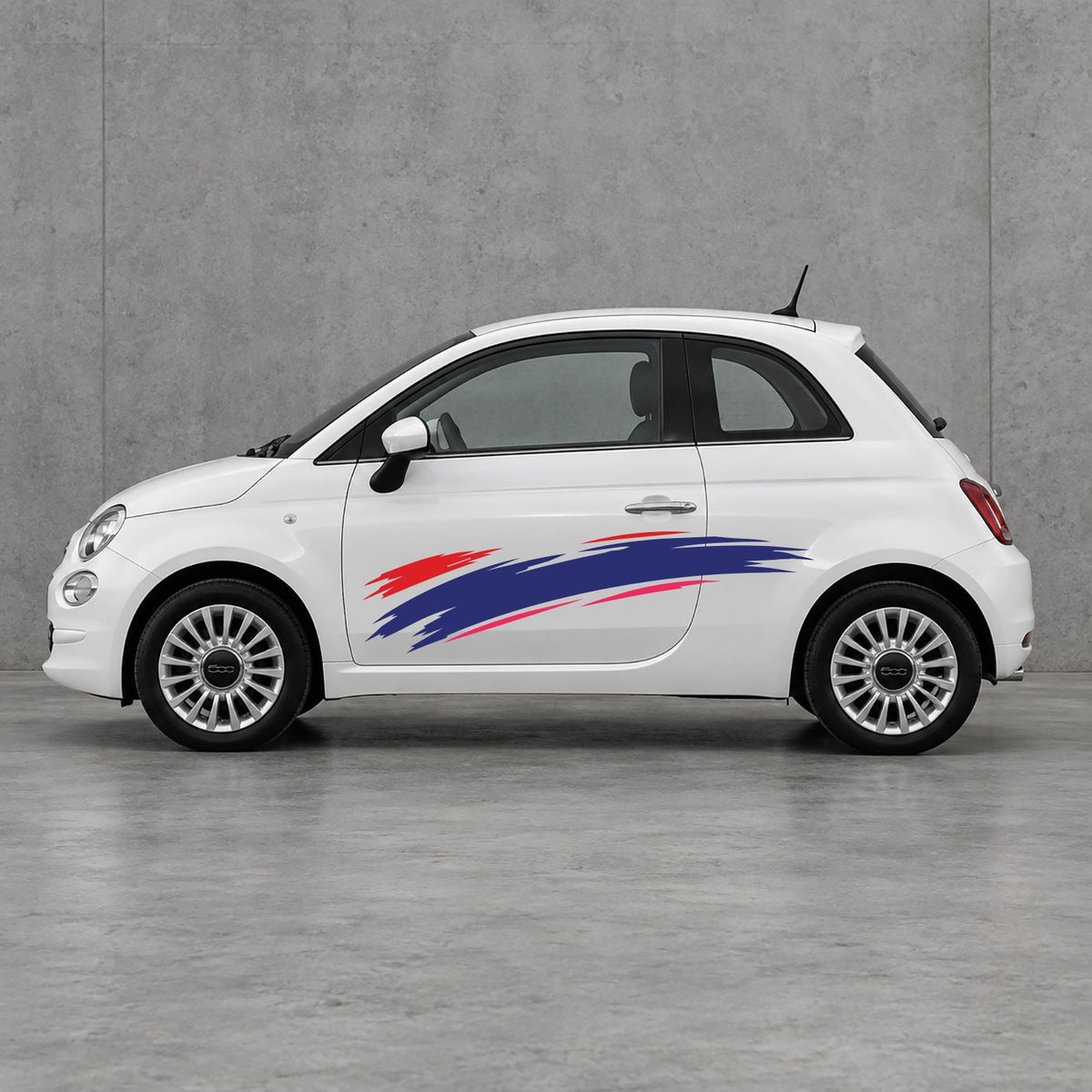 Fiat 500 Italian Red Brush Side Graphics Kit - Pair Supplied in Pink & Navy Blue
