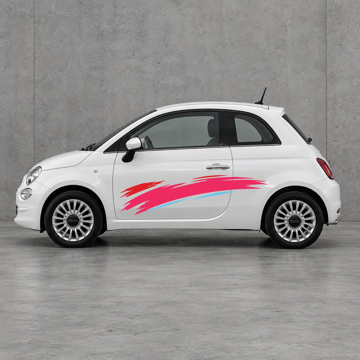 Fiat 500 Italian Red Brush Side Graphics Kit - Pair Supplied in Light Blue & Pink