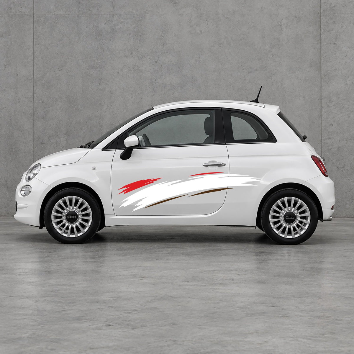 Fiat 500 Italian Red Brush Side Graphics Kit - Pair Supplied in Brown & White