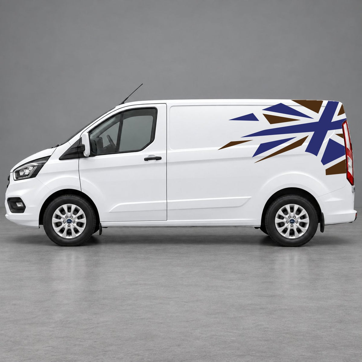 Ford Transit Custom Shattered Union Jack Side Graphics in Brown & Navy Blue