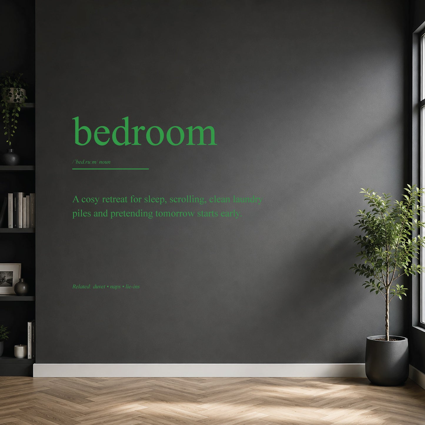 White bedroom definition wall sticker on a dark modern wall.