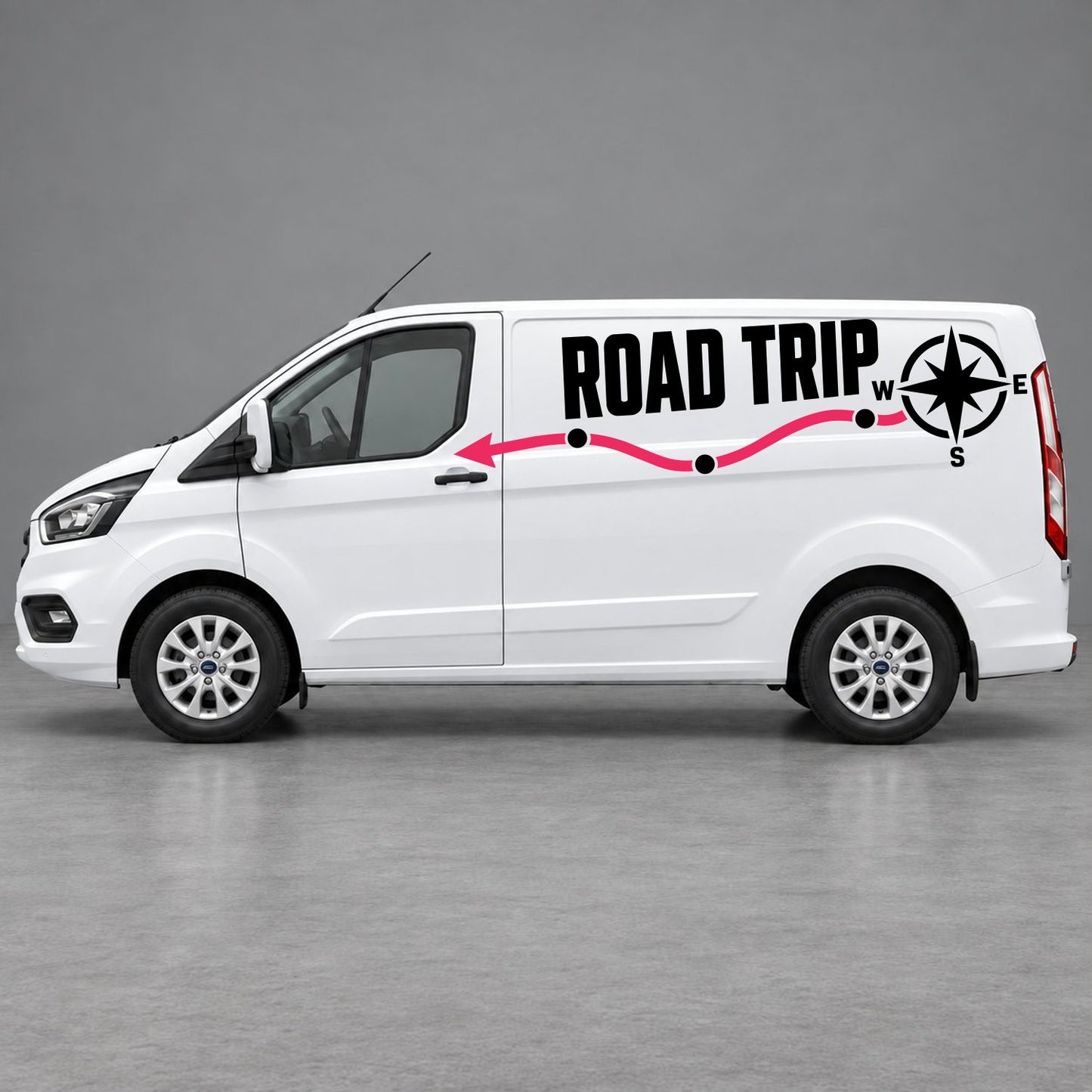 Ford Transit Custom Road Trip Route & Compass Side Graphics in Black & Pink
