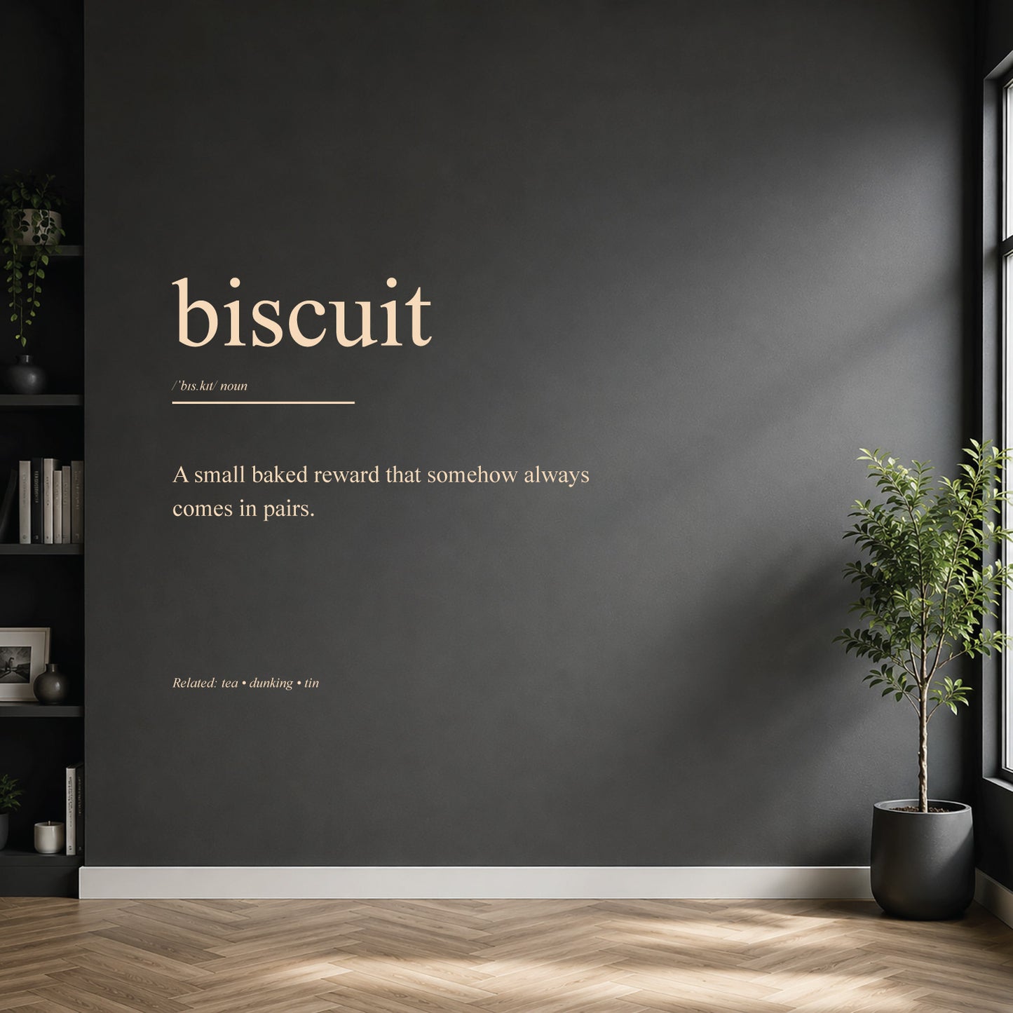 White biscuit dictionary definition wall sticker on a modern kitchen wall.