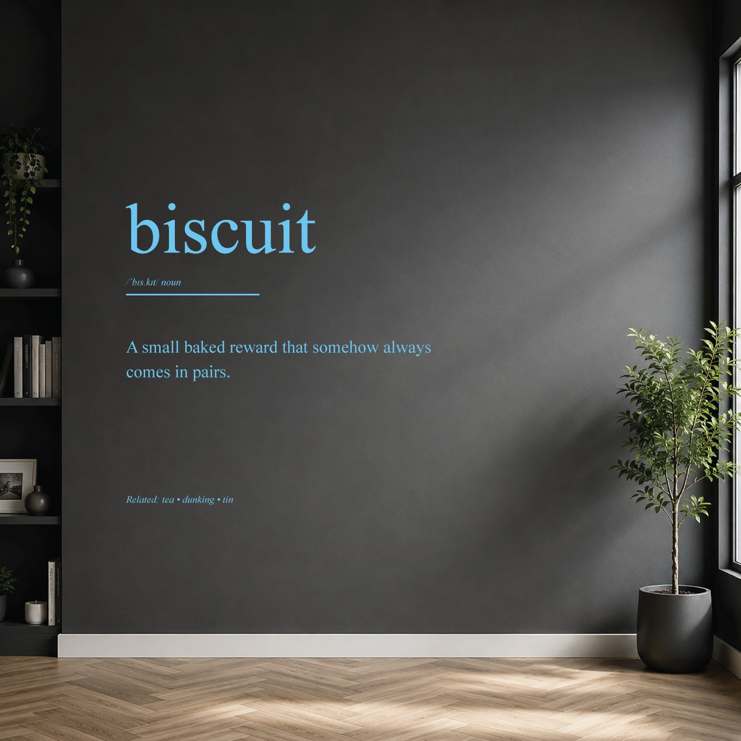 White biscuit dictionary definition wall sticker on a modern kitchen wall.