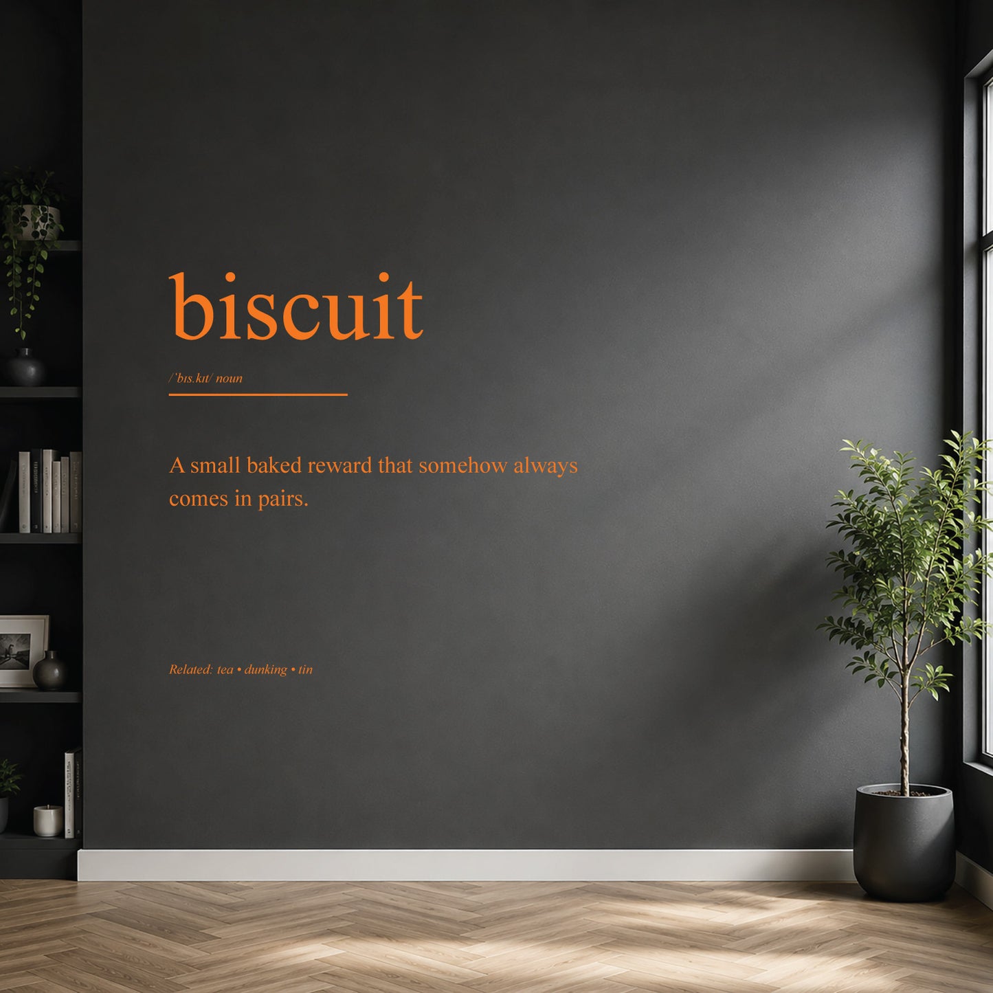 White biscuit dictionary definition wall sticker on a modern kitchen wall.